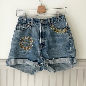 Y2K Vintage 90s Reverse GAP Size 28 Blue Jean Shorts Distress Sun Embroidered